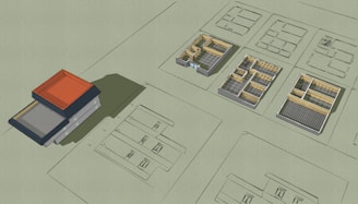 a drawing of a building with a red roof