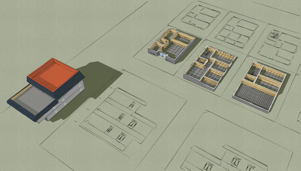 a drawing of a building with a red roof