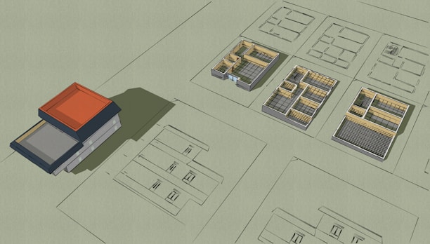 a drawing of a building with a red roof