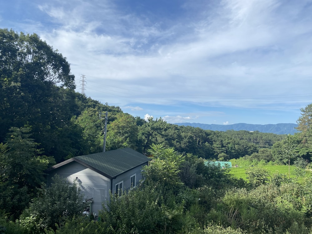 a house in the middle of a forest with mountains in the background