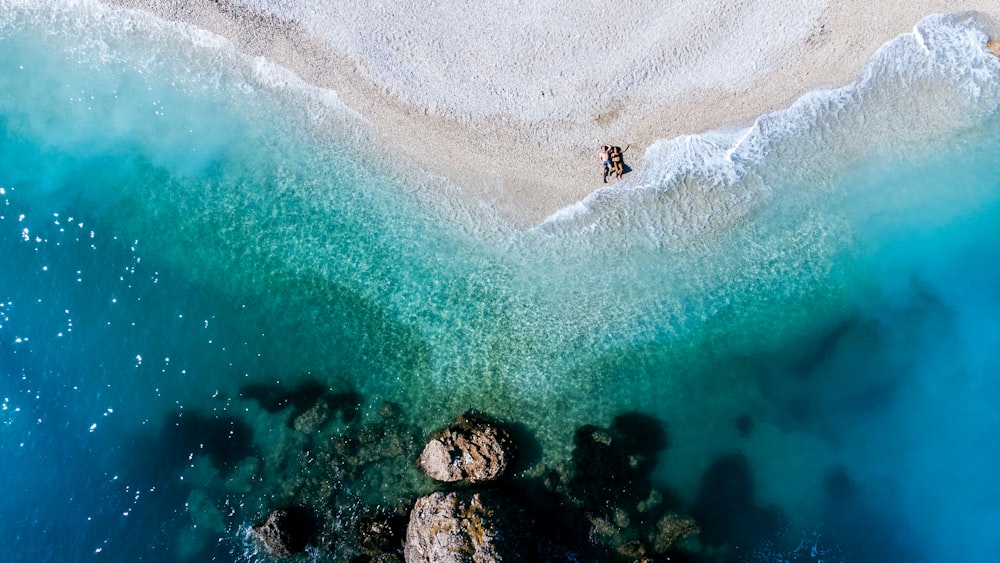 an aerial view of a beach and a body of water