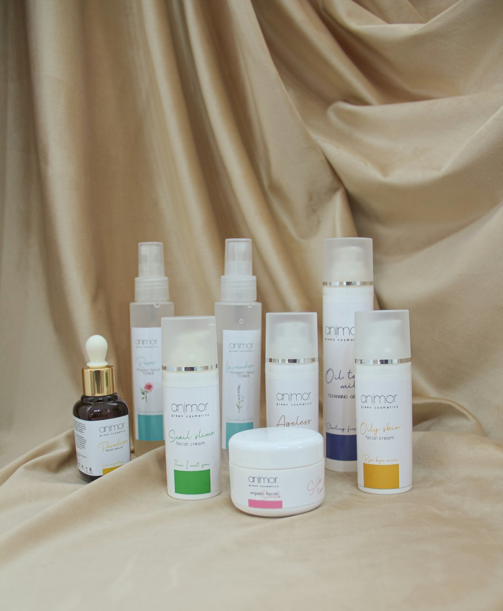 a variety of skin care products on a cloth