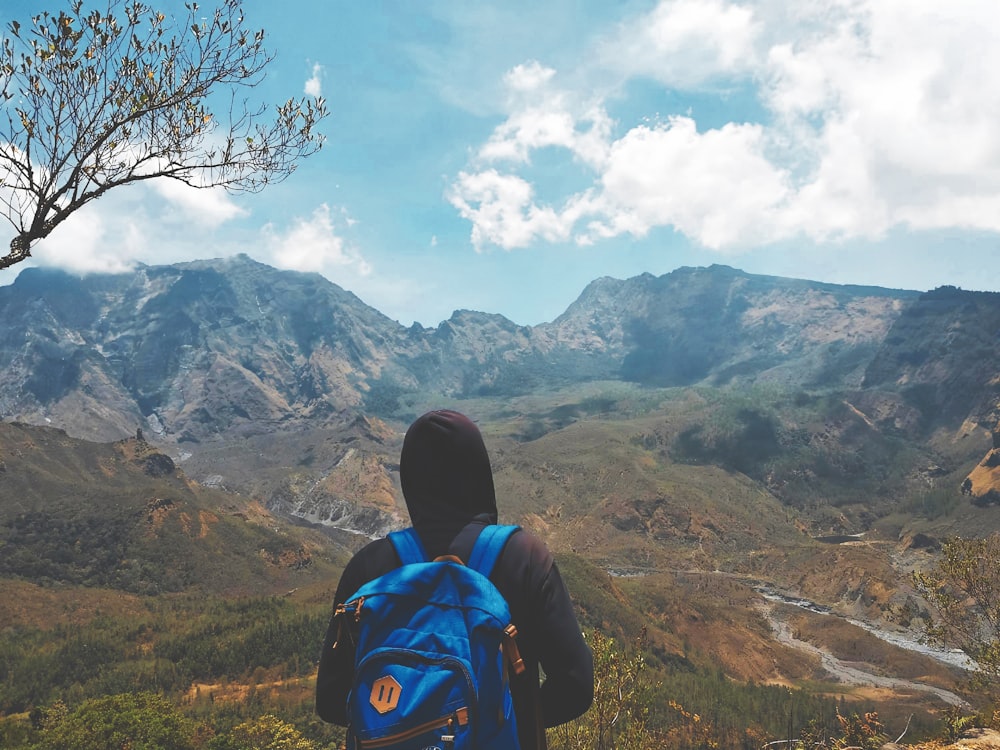 a person with a backpack looking out over a valley