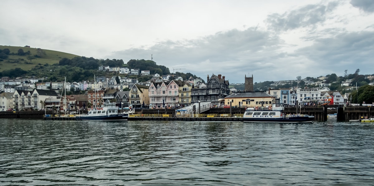 Boats moored on the estuary at Dartmouth, South Hams, Devon