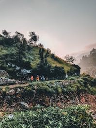 A group of people is walking along a rugged, mountainous path surrounded by lush greenery. The path is bordered by a low stone wall, and the hill is dotted with trees. The sky has a soft gradient with hints of a sunset.