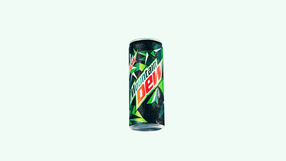 a can of mountain dew on a white background