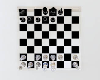 A chess board is set with black and white chess pieces neatly arranged in their starting positions. The board has alternating black and white squares, and the pieces are placed precisely on each square. The white pieces are at the bottom and the black pieces are at the top.