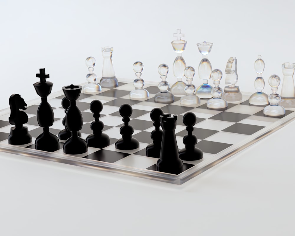 a glass chess board with black pieces on it