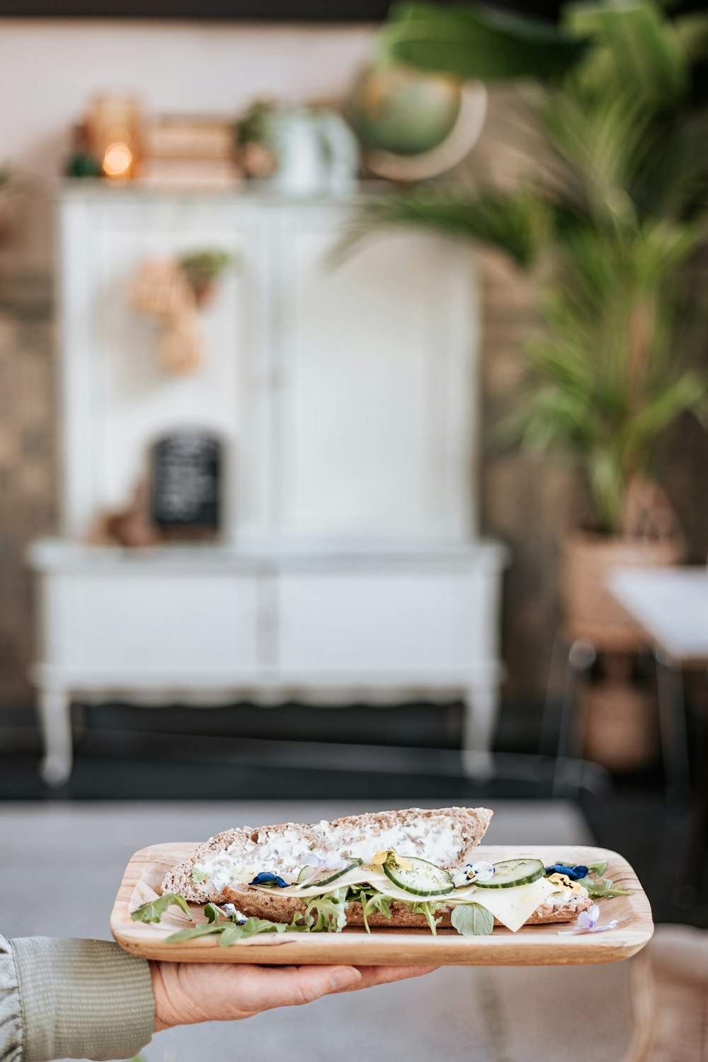 a person holding a plate with a sandwich on it