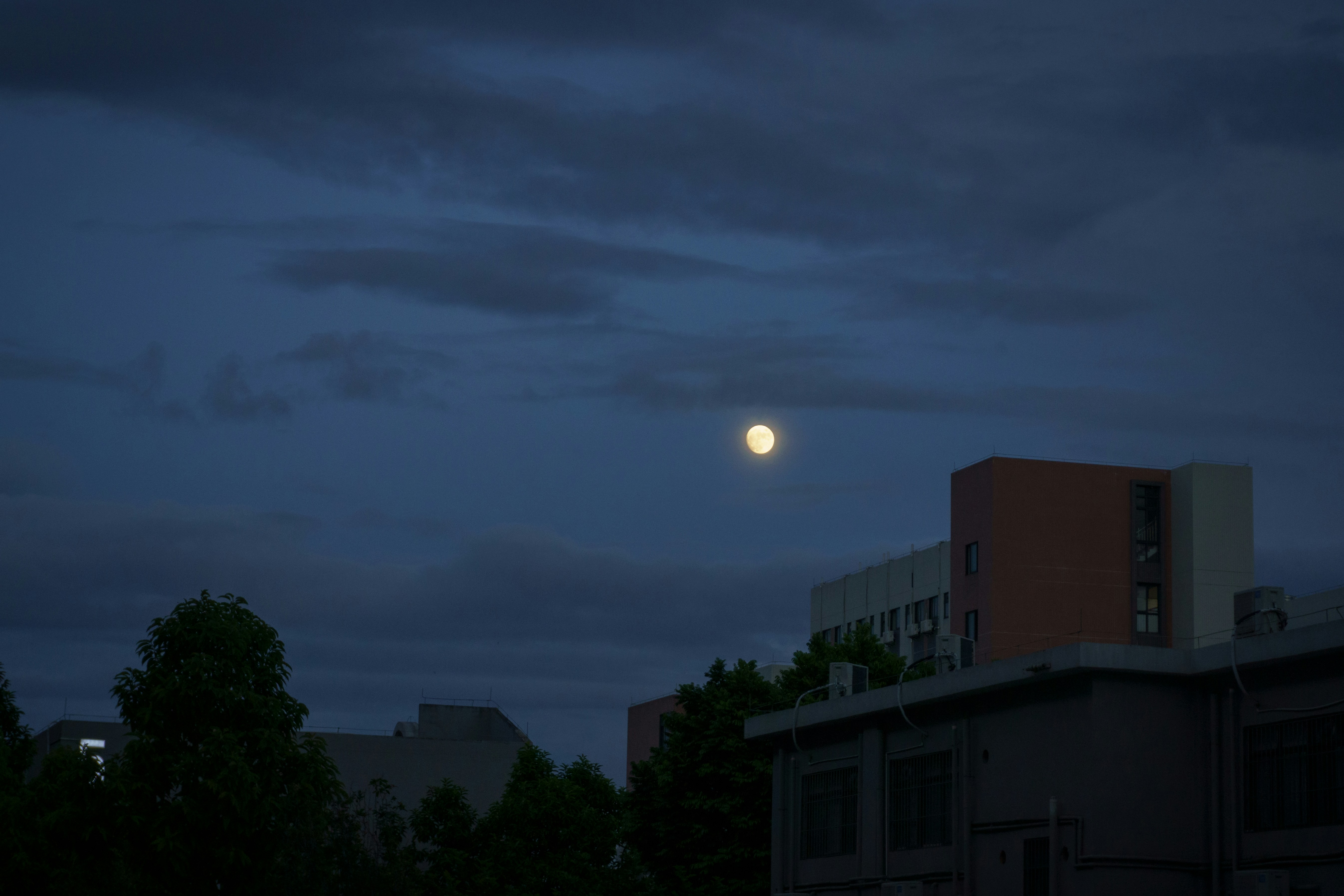 일부 건물 위의 하늘에 보름달이 보입니다.