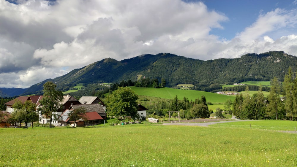 a green field with houses and mountains in the background