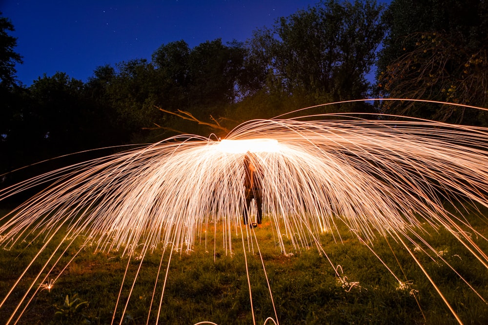 a person standing in a field holding a sparkler