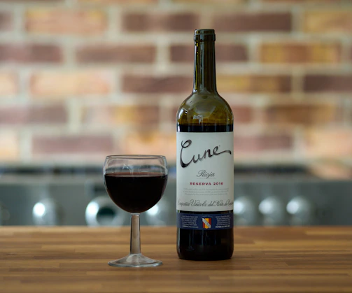 Elegant wine glass filled with deep red Rioja beside a plate of assorted Iberian tapas on a dark textured table.
