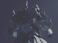 Side view of a towering mech standing in a workshop filled with tools and blueprints.