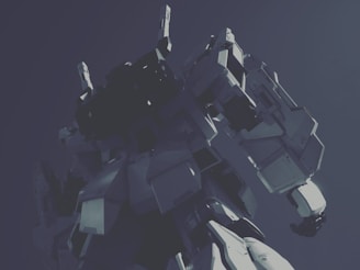 A large robotic figure stands with a powerful presence against a dark background. The robot, featuring angular and mechanical components, appears to be a mech or a futuristic machine designed for combat or heavy-duty tasks. The perspective is from below, emphasizing its size and dominance.