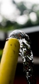 A stream of clear water flows smoothly from the opening of a yellow garden hose, with a blurred natural background suggesting an outdoor setting.