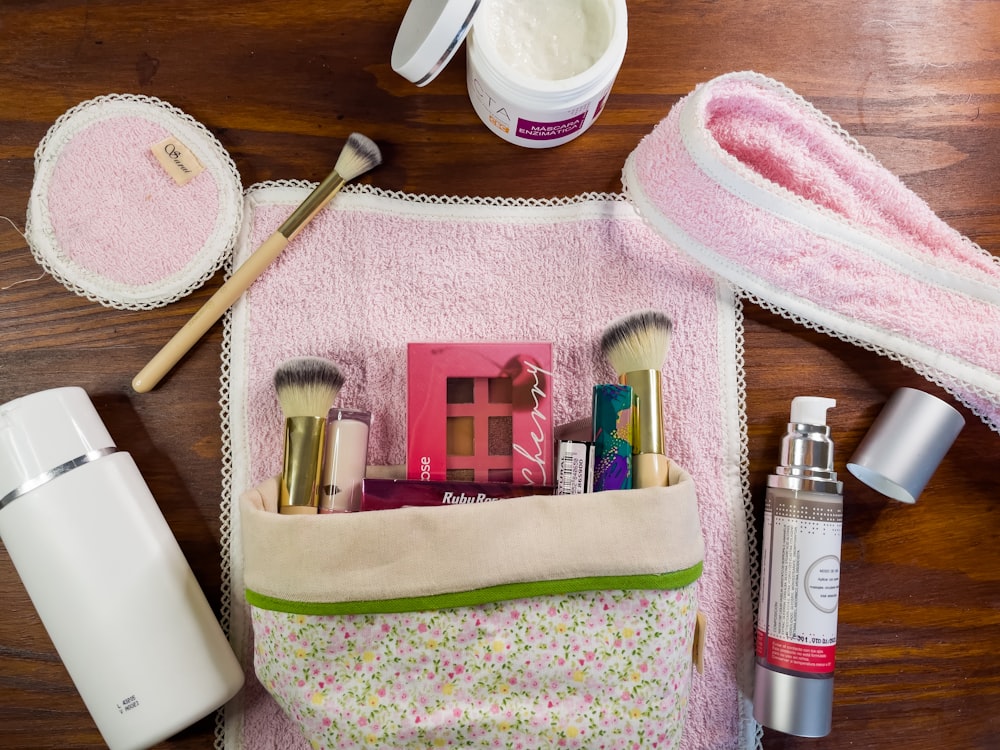 the contents of a travel bag laid out on a table