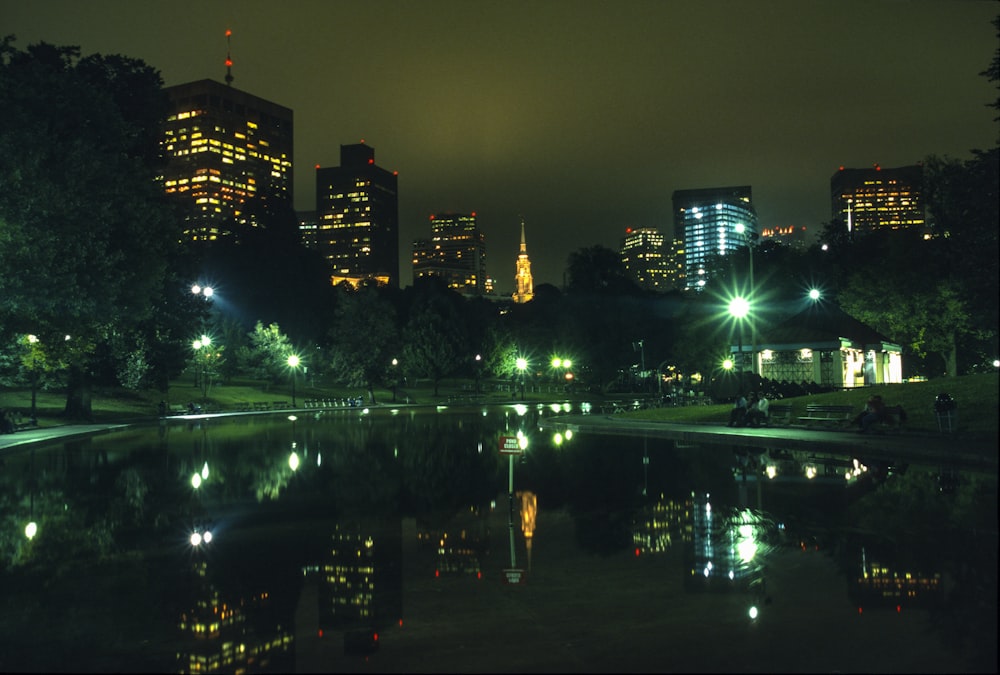 연못 건너편에서 바라본 밤의 도시 풍경