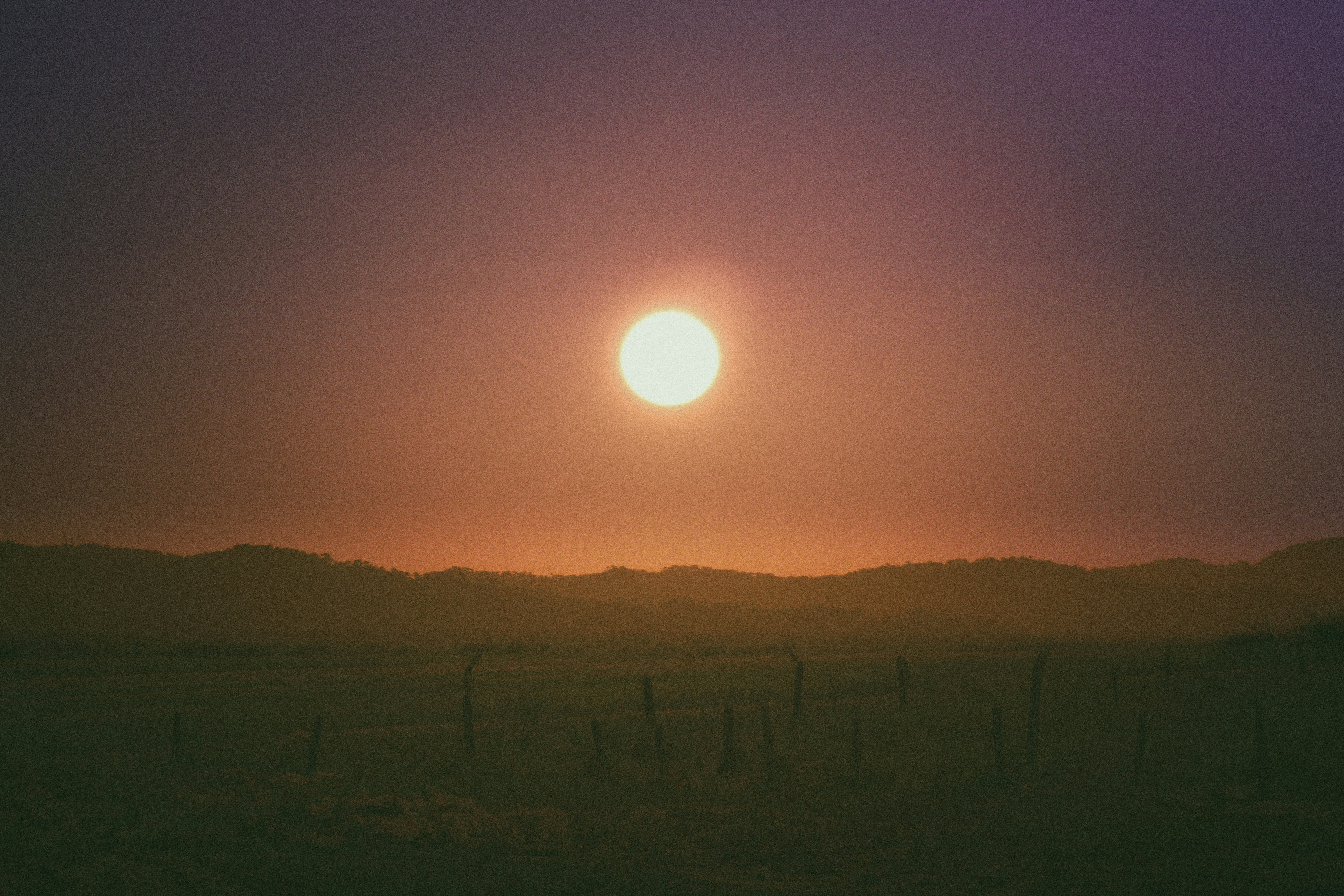 Un campo con una valla y un sol brillante en el cielo