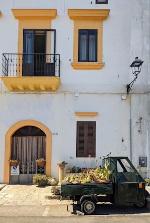 A small three-wheeled vehicle parked in front of a white building with yellow accents. The vehicle's flatbed is filled with various potted plants. The building features two windows with black frames and a small balcony above a wooden doorway. Two potted plants are positioned on either side of the door, adding to the rustic charm.