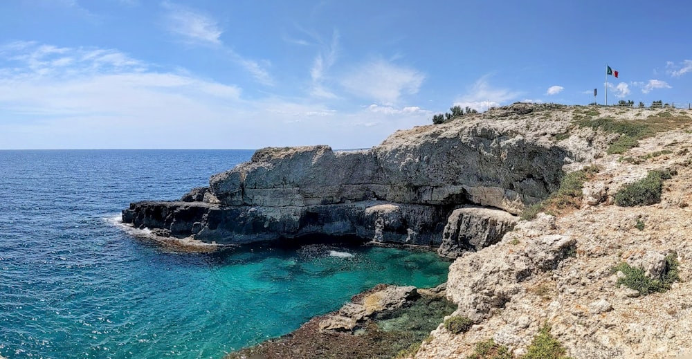 two people standing on the edge of a cliff overlooking the ocean