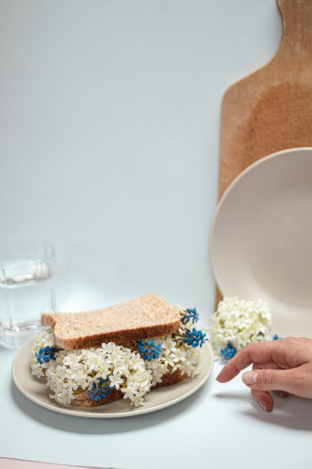 a white plate topped with a sandwich next to a vase of flowers