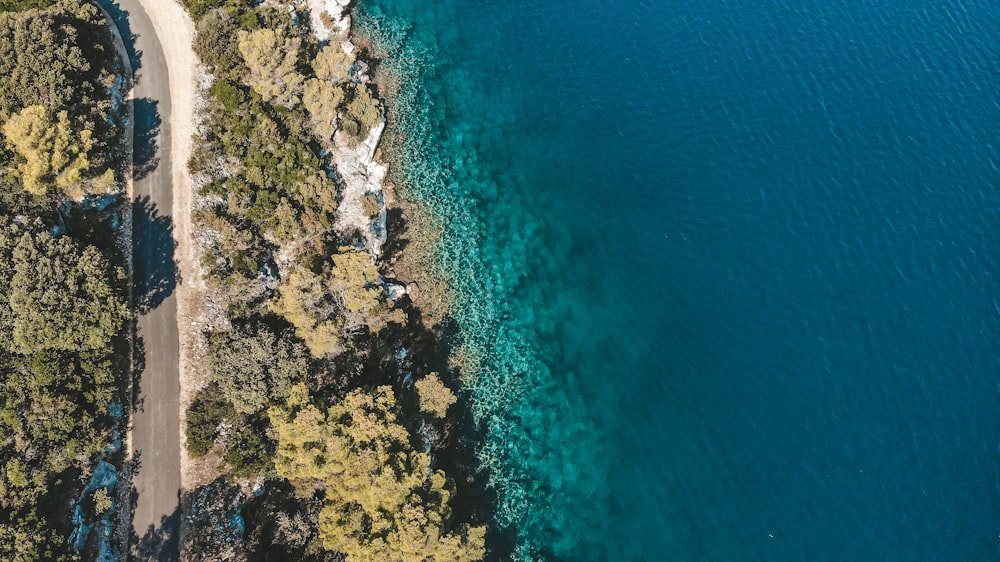 an aerial view of a road and a body of water