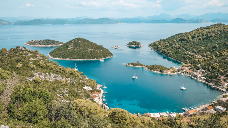 A sheltered bay on Mljet, pine-covered hills around calm blue water and small islets