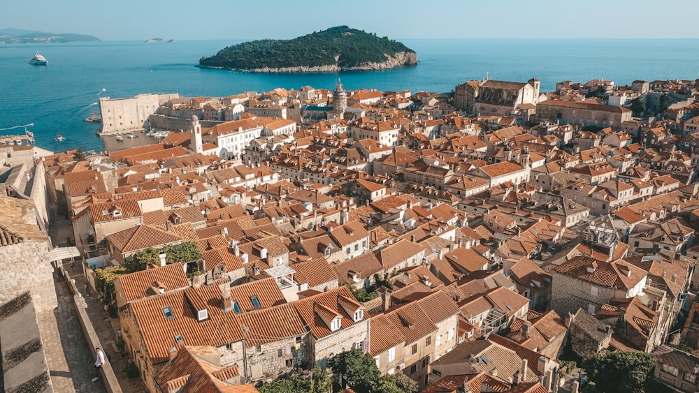 an aerial view of a city with red roofs