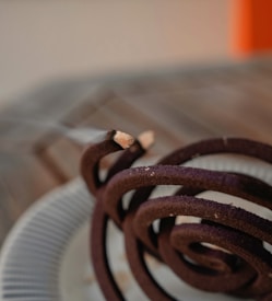 A coiled, dark brown incense stick is burning, with a wisp of smoke rising from its tip. It rests on a striped plate, and the background is softly blurred, featuring warm tones.