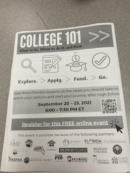 A flyer titled 'College 101' outlines an event about college planning, featuring icons for exploration, application, funding, and going to college. It includes details of a free online event occurring from September 20-23, 2021, from 6:00 to 7:30 PM ET, and lists several partner organizations at the bottom.