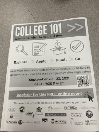A flyer titled 'College 101' outlines an event about college planning, featuring icons for exploration, application, funding, and going to college. It includes details of a free online event occurring from September 20-23, 2021, from 6:00 to 7:30 PM ET, and lists several partner organizations at the bottom.