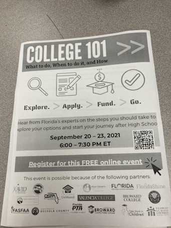A flyer titled 'College 101' outlines an event about college planning, featuring icons for exploration, application, funding, and going to college. It includes details of a free online event occurring from September 20-23, 2021, from 6:00 to 7:30 PM ET, and lists several partner organizations at the bottom.