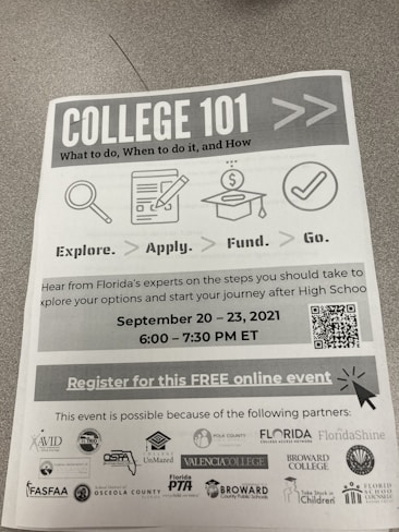 A flyer titled 'College 101' outlines an event about college planning, featuring icons for exploration, application, funding, and going to college. It includes details of a free online event occurring from September 20-23, 2021, from 6:00 to 7:30 PM ET, and lists several partner organizations at the bottom.