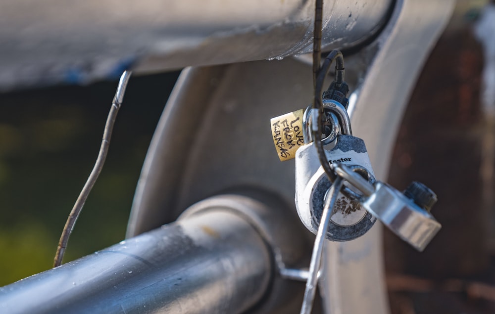 a close up of a padlock on a bike