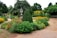 A lush, well-maintained garden with a variety of flowering plants in full bloom. The garden features neatly trimmed hedges, vibrant flowers in shades of yellow, red, and orange, and a stone urn on a pedestal. Gravel paths and a brick walkway intersect the garden, with trees and shrubs providing a rich green backdrop.