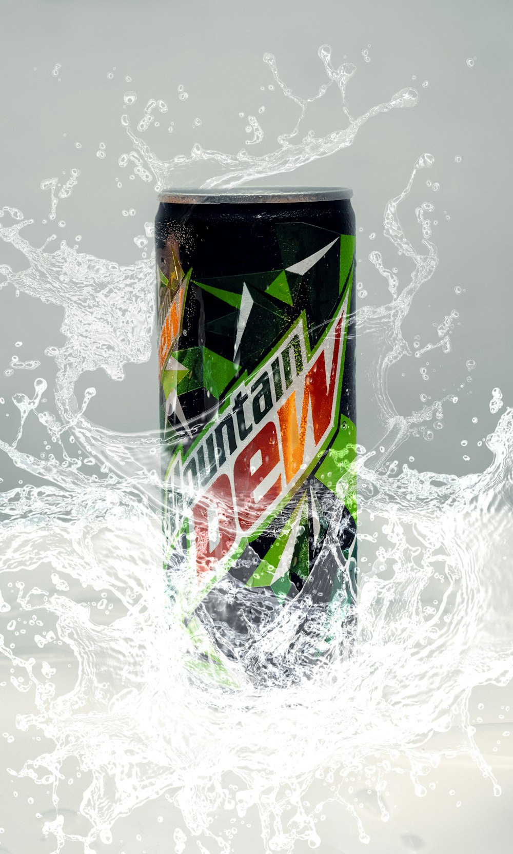 a can of mountain dew surrounded by water