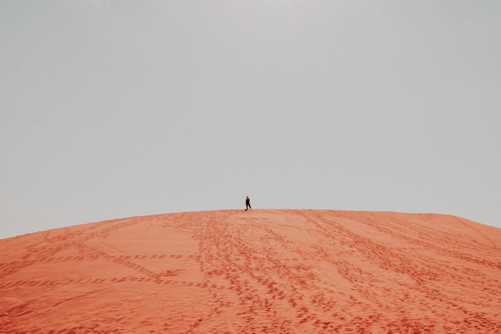 a person standing on top of a red sand dune