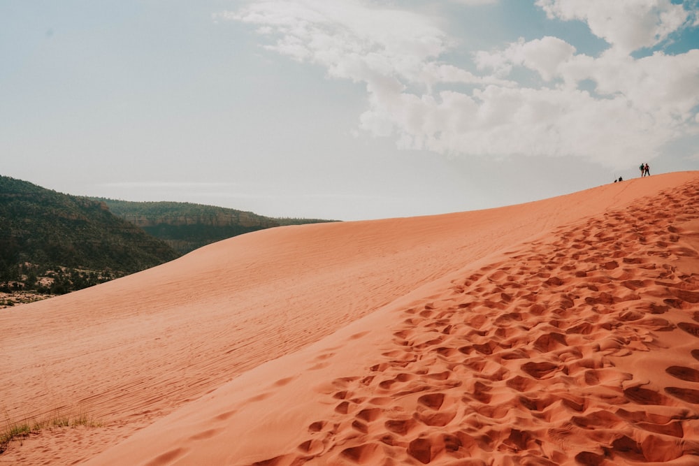 a group of people walking up a sand dune