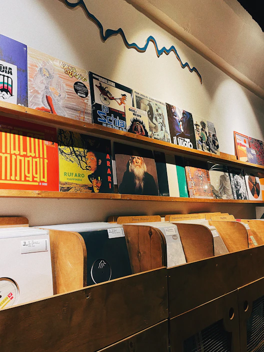 A neatly arranged grid of vinyl record covers displayed on a wooden shelf.