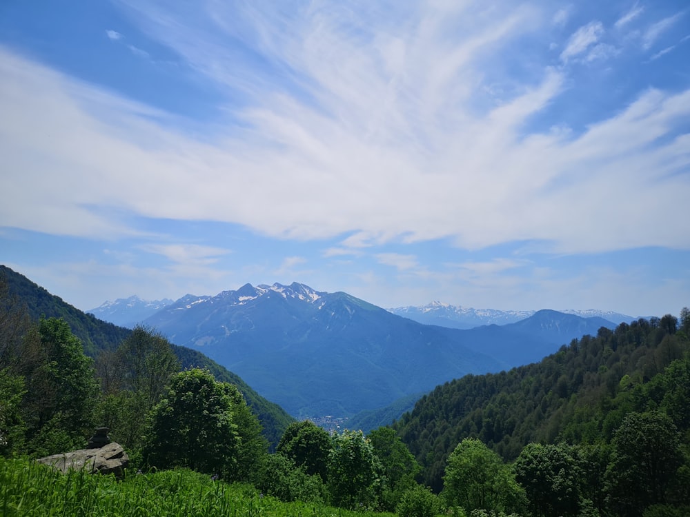 a scenic view of a mountain range with trees and mountains in the background