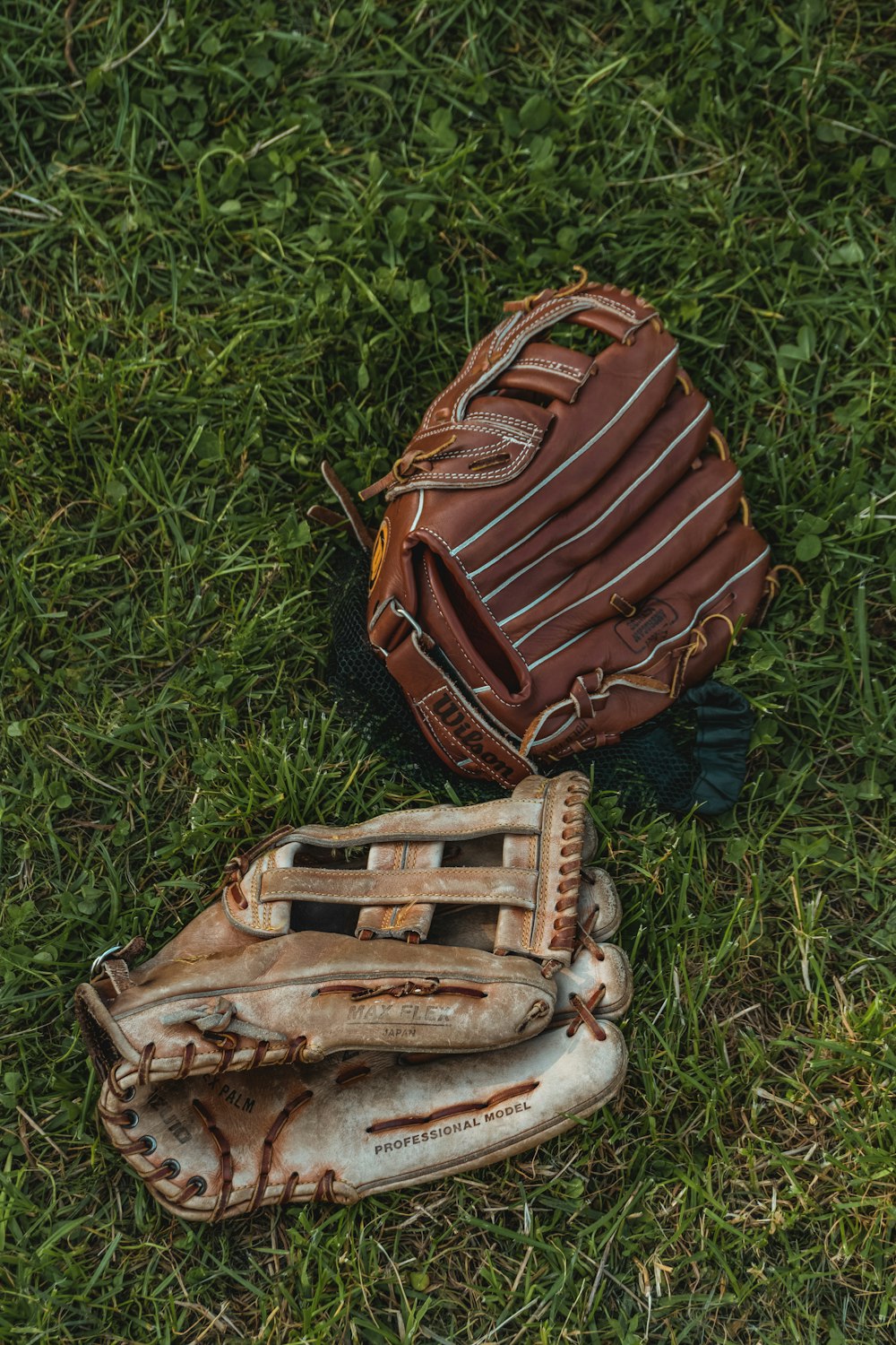 Un guante de béisbol y un guante tirados en el césped