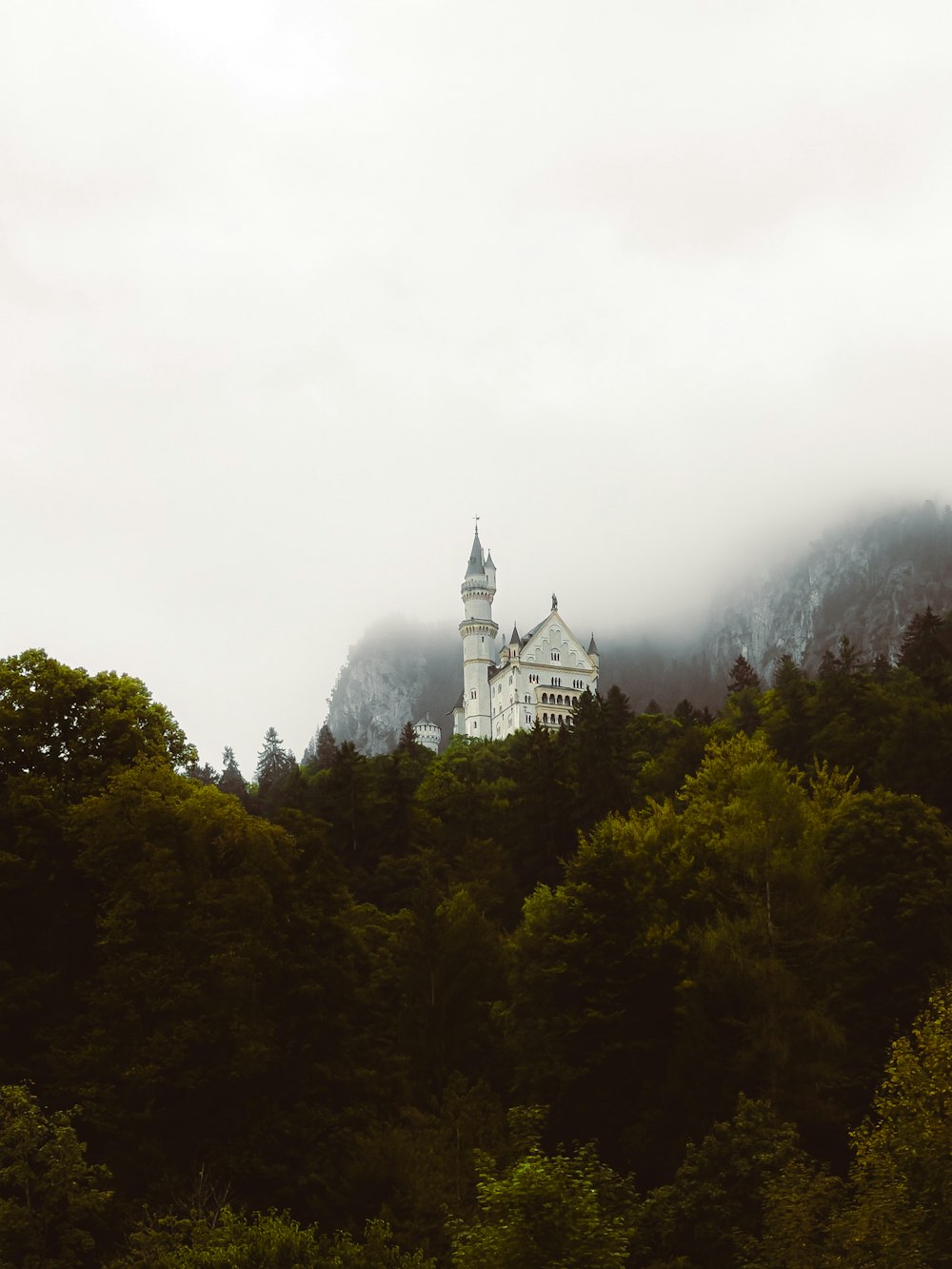 a large white building sitting on top of a lush green forest