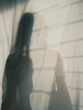 A shadowy silhouette of a person is visible through a sheer curtain, with soft sunlight filtering through. The contours and soft outlines suggest a serene and contemplative atmosphere.