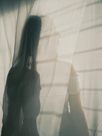 A shadowy silhouette of a person is visible through a sheer curtain, with soft sunlight filtering through. The contours and soft outlines suggest a serene and contemplative atmosphere.