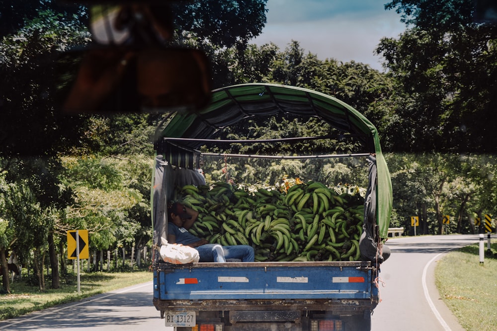 a man sitting in the back of a truck loaded with bananas
