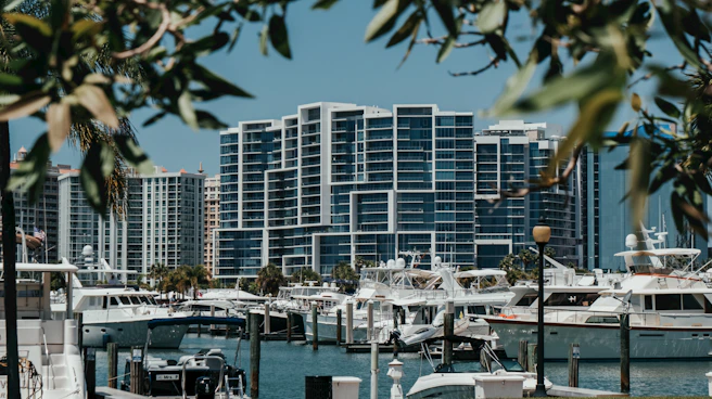 a marina in Sarasota Florida with yachts docked in the water