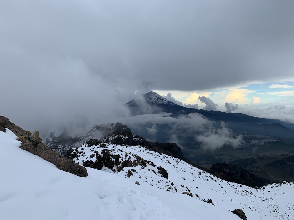 a snow covered mountain with clouds in the sky