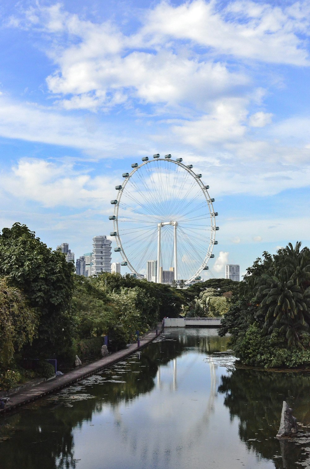 a large ferris wheel sitting above a river