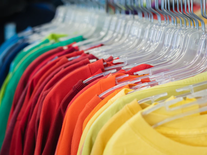 เสื้อยืดและเสื้อเชิ้ตหลากสีบนราวแขวน